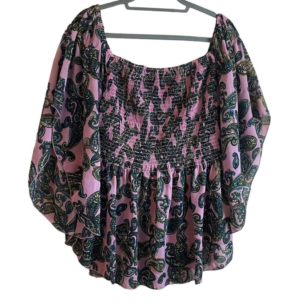 Ashley Stewart Women Top 18/20 Paisley Smock Bodice Short Kimono Sleeve Babydoll